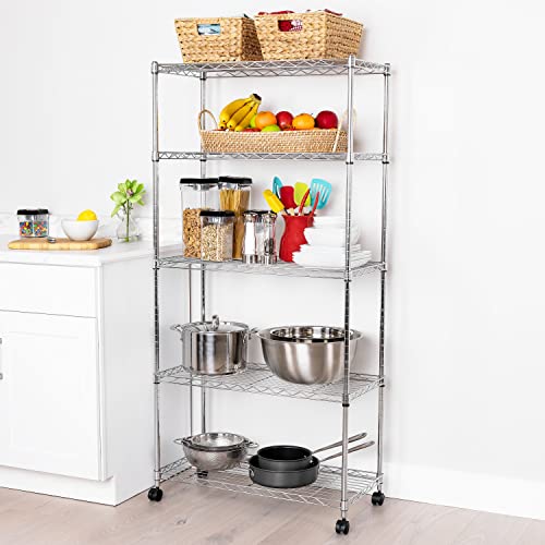 Seville Classics 5-Tier Wire Shelving with Wheels, 5-Tier, 30"" W x 14"" D (NEW MODEL), Chrome Plating, Plated Steel - color: Plated Steel, size: 5-Tier, 30" W x 14" D (NEW MODEL)
