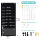 ALSLEA 8 Pockets Hanging Wall File Organizer 15" Extra Wide Pocket Chart for Classroom, Office, Home, Mail Organizer Wall Mounted with 1 Writable Clear Pocket, 5 Wall/ Door Hooks & 12 Labels (Black) - size: Medium (8 Pockets)