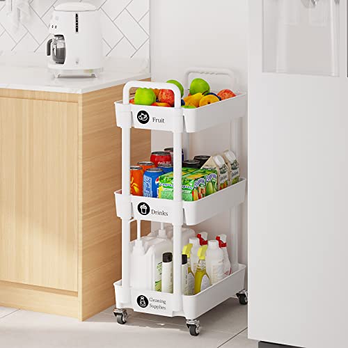 Laiensia 3-Tier Rolling Cart with Wheels,Multifunction Utility Storage Carts, Kitchen Storage Organizer,Mobile Shelving Unit for Bathroom,Laundry,with Classified Stickers,White - color: White, size: 3-Tier