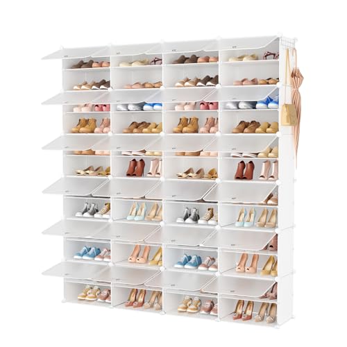 Shoe Rack Organizer 12 Tier Shoe Storage Cabinet with Door 96 Pair Tall Shoes Rack Expandable Free Standing Sturdy Plastic Easy Assembly Shoes Shelf for Closet Entryway Bedroom Hallway White - size: 48" Wide-96 Pairs