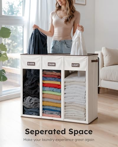 SOLEDI 200L 3-Section Laundry Hamper with Lid, Extra Large Dirty Clothes Basket with Sturdy Handles for Laundry Room & Bedroom - Durable Organizer for Sorting Laundry - color: Off-white, size: 200L