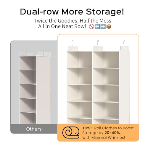 ALLTIDYUP White 5-Tier Hanging Closet Storage Organizer - Space-Saving Dual-Row Foldable Shelves with 3 Hooks, Wardrobe Organizer for Dorm, Bedroom, Clothes and Accessories - color: White, size: 5 Tier
