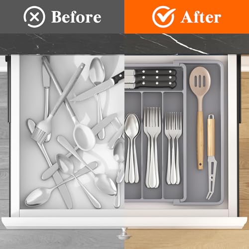 Lifewit Silverware Drawer Organizer, Expandable Utensil Tray for Kitchen, BPA Free Flatware and Cutlery Holder, Adjustable Plastic Storage for Spoons Forks Knives, 10.9"-17.5" x 13.7", Gray - color: Gray, size: Large (11-18''W x 14''D)