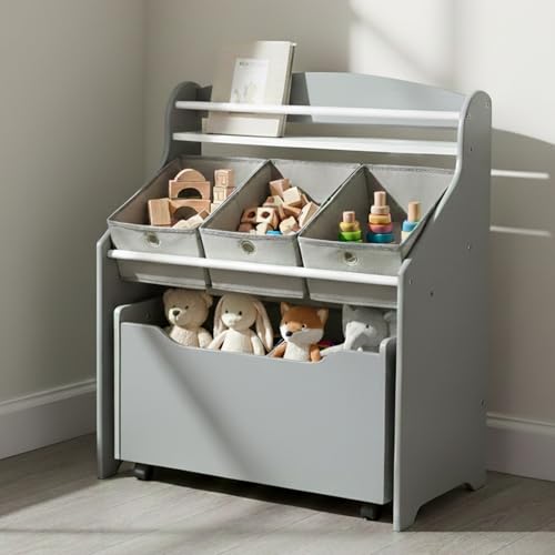 Humble Crew 3-in-1 Kids Bookshelf and Toy Storage Organizer, Grey - Toddler Organizers with Rolling Toy Box and 3 Fabric Bins – Sturdy Baby Book Shelf, Perfect for Nursery and Playroom - color: Grey/Grey