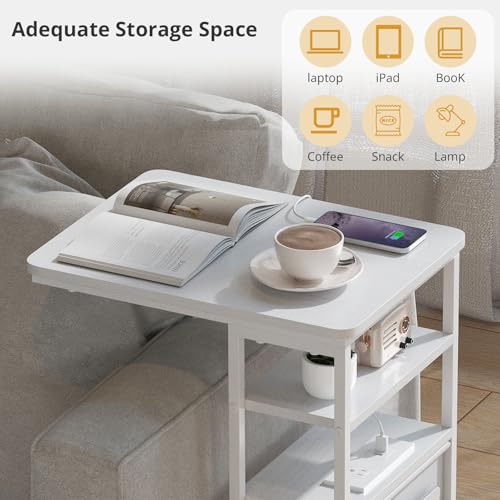 C Shaped End Table with Charging Station, 28"(H) 3-Tier C Table with Storage Bag, Under Couch Table C-Shaped End Table with Storage Shelves and Bag for Living Room, Bedroom, or Office - color: White, size: Wood--with Socket