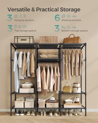 SONGMICS Clothes Rack,72 Inch Large Capacity Portable Closet, Heavy Duty Wardrobe Closet Organizer with Hanging Rails and Shelves, Total Load 330 lb, Easy Assembly, for Bedroom, Black URDR211B01 - size: 72"L x 17.7"W x 74.8"H