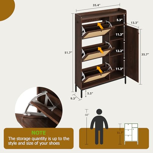 GarveeHome Shoe Cabinet Rattan with 3 Flip Drawers and 4-Tier Shoe Storage Cabinet, Freestanding Shoe Organizer with Adjustable Shelves for Entryway, Closet, Hallway - color: Walnut, size: 3-Drawers + 1-Door