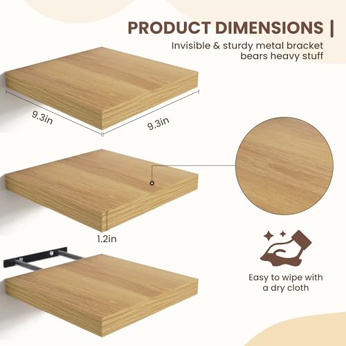 Fun Memories Floating Shelves for Wall - 9.3 Inch Square Shelves with Invisible Brackets, Small Wall Shelf for Living Room, Bathroom, Bedroom, and Kitchen Decor Set of 3 - color: Oak, size: 9.3"W x 9.3"D - 3P