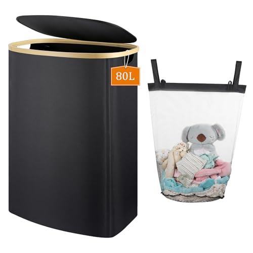 Slim Laundry Basket with Lid, 80L Narrow Laundry Hamper with Removable Bag, Clothes Hampers for Laundry with Bamboo Handles for Bathroom, Bedroom, Dorm & Laundry Room - color: Black, size: 80L