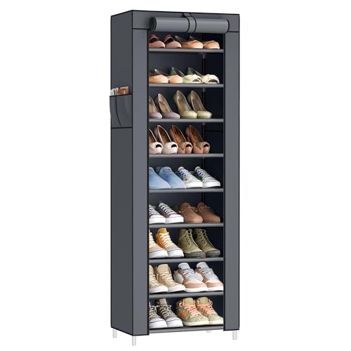 SONGMICS 10-Tier Shoe Rack, Shoe Storage Cabinet with Dustproof Cover, Free-Standing Storage Organizer for Closet, Entryway, Hold 20 Pairs of Shoes, for Sneakers, High Heels, Gray URXJ034GN02 - color: Grey, size: 10 Tiers (18.9"W)