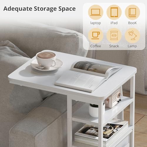 C Shaped End Table 28"(H) 3-Tier C Table with Storage Bag, Under Couch Table C-Shaped End Table with Storage Shelves and Bag for Living Room, Bedroom, or Office - color: White, size: Wood