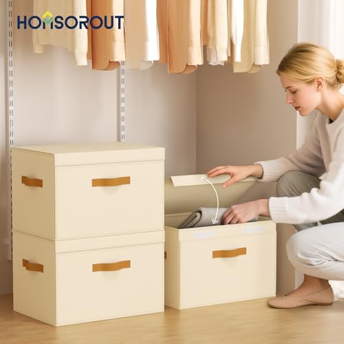 Homsorout Large Storage Bins with Lids - Front Opening Fabric Storage Bins, Flap Closet Organizer with Handles, Collapsible Boxes with Lid, Decorative Basket for Home, Dorm, 4 Pack, Beige - color: Beige, size: 16.5 Inch-4 Pack