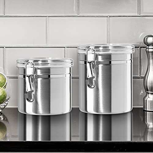 Oggi Stainless Steel Kitchen Canister 26 fl oz - Airtight Clamp Lid, Clear See-Thru Top - Ideal for Kitchen Storage, Food Storage, Pantry Storage. Size 5" x 3.5". - color: Stainless Steel, size: 26 Fluid Ounces, style: Airtight Canister
