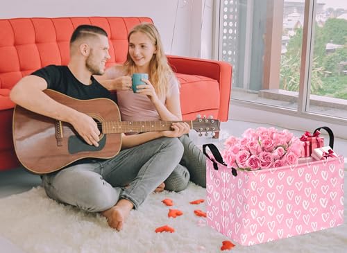 Rec Heart Print Box Hamper Storage Basket Collapsible Organizer Bin Gift Shelf Baskets for Home and Kitchen Storage - color: White simple love