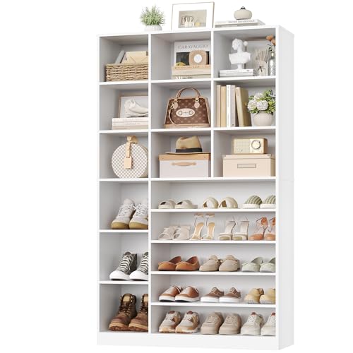 Keyluv 74" Tall Shoe Cabinet with Adjustable Shelves, 6-Tier Shoe Storage Organizer with 12 Cubes for up to 27 Pairs, Free-Standing Shoe Rack for Closet, Hallway, Entryway & Living Room, White - color: White