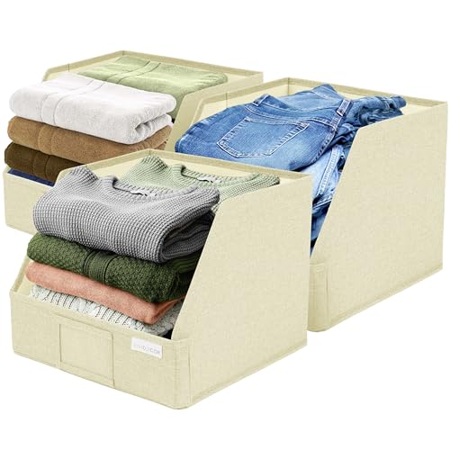 VIVIDECOR Open Front Trapezoid Closet Bins 12x12x10 – Closet Shelf Organizer for Folded Clothes, Easy Access Fabric Storage Baskets – Light Beige, 3 Pack - color: Light Beige