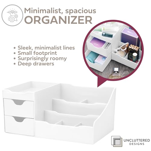 Uncluttered Designs Large Makeup Organizer for Vanity - Countertop Desk With Drawers for Cosmetic, Beauty, Hair, Nail, Perfume & Skincare - Perfect for Bathroom & Bedroom Storage (White) - color: White