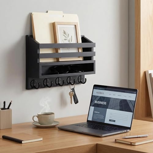 Wall Key Rack - Mail Organizer with 5 Key Hooks, Paulownia Wood, 11.8x7.1 Inches, Apartment Wall Decor, Installation Accessories Included (Black) - color: Black