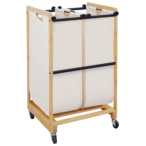 STO STO 2-Section Laundry Sorter with Bamboo Frame, Rolling Laundry Hamper Basket with Removable Bags and Lockable Wheels, Laundry Cart for Clothes Storage in Bedroom & Laundry Room, Beige - size: 2-Section
