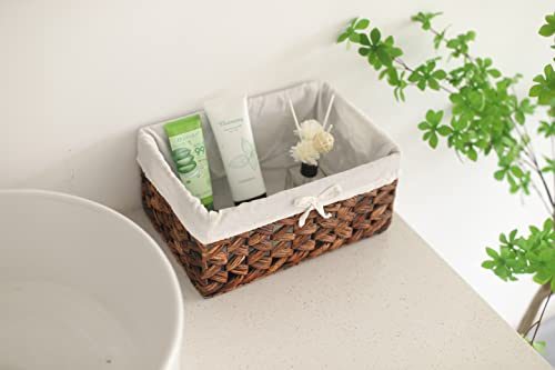 Water Hyacinth Storage Basket Small with Metal Frame & Removable Liner, 11.8”×7.9”×5.5” Rectangular Woven Organizer Bin for Bathroom Vanity, Desk, Nursery, Closet, Home Organization - size: Small