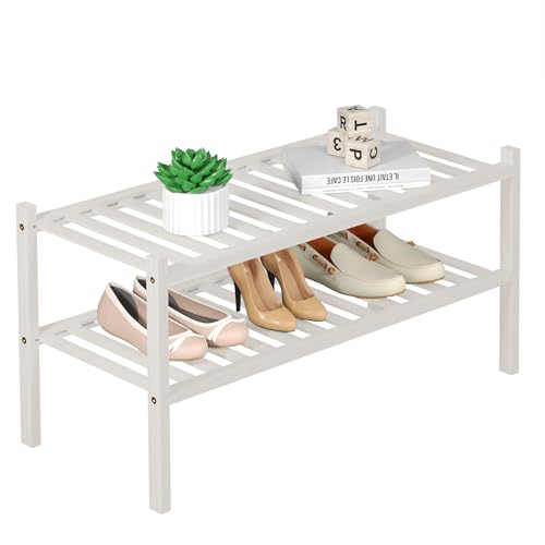 ROMGUAR CRAFT 2 Tier Bamboo Shoe Rack for Closet Free Standing Wood Shoe Shelf for Entryway Small Space Stackable 27"x11"x13" (White) - color: White, size: 2 Tier