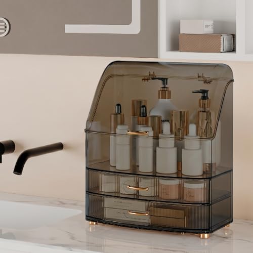 Makeup Organizer Countertop Vanity with Transparent Lid Drawers Waterproof Dustproof Cosmetic Skincare Bathroom Storage Gift for Women Teens Girls (Clear Black) - color: Clear Black
