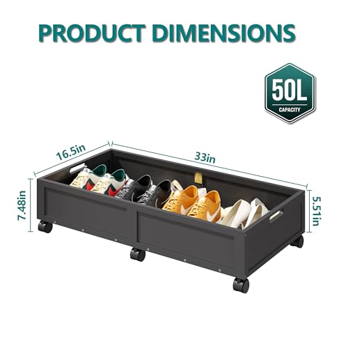 WISUCART Wood Under Bed Storage Containers Underbed Organizer with Wheels Sturdy Wood Rolling Under Bed Shoe Storage Organizer 2 Packs (Black, Large) - color: Black