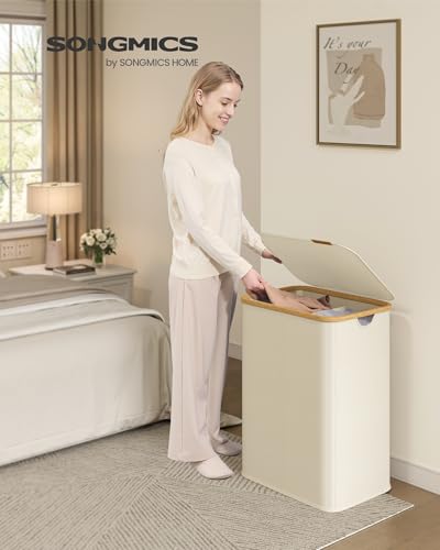 SONGMICS Laundry Hamper, Laundry Basket with Lid, Foldable Storage Basket, Bamboo Frame, for Bedroom, Living Room, Oxford Fabric, 37 Gal. (140 L), Cream White ULCB519WD01 - color: Cream White, size: 140 L (2-Section)