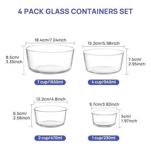 Vtopmart 4 Pack Glass Bowls with Lids (1, 2, 4, 7 Cup), Food Storage Containers, Meal Prep and Leftovers Keeper, Lunch Container, Microwave, Dishwasher & Freezer Safe