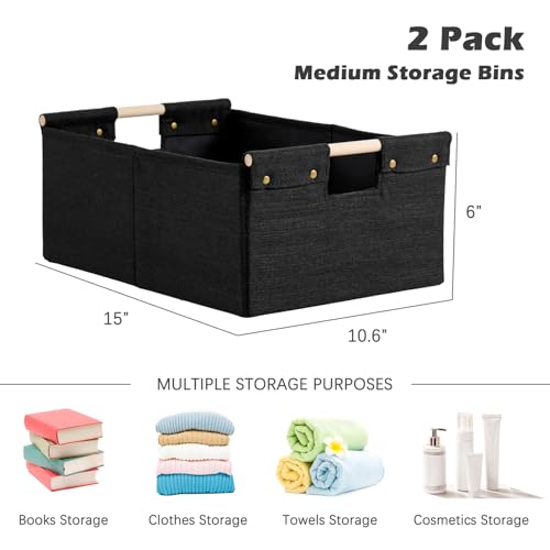 2PCS Storage Bins Cotton Linen Fabric Storage Boxes Basket with Wooden Handles Foldable Washable Decorative Shelf Container Closet Clothes Organizer Home Laundry (Medium Size, Black) - color: Black, size: Medium (Pack of 2)