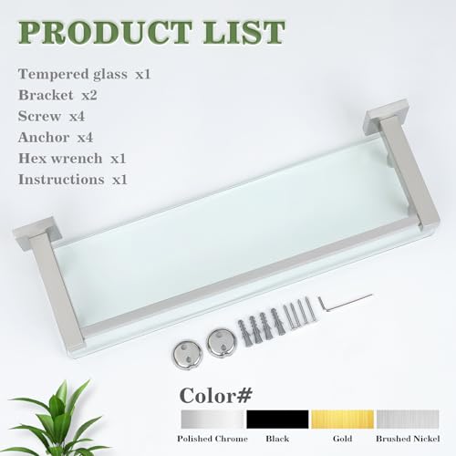 Alise Bathroom Glass Shelf with Stainless Steel Railing, Brushed Nickel Small Tempered Glass Floating Wall Shelf Over The Toilet, 16 inch - color: Brushed Nickel, size: 16 Inch