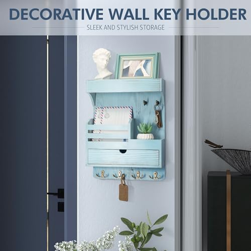 Rebee Vision Farmhouse Key Holder Wall Mount with Drawer Organizer – Pine Wooden Mail & Key Organizer with 6 Sturdy Hooks & Floating Shelf – A Perfect Touch of Style for Rustic Home Decor (Blue) - color: Blue, style: Large Drawer