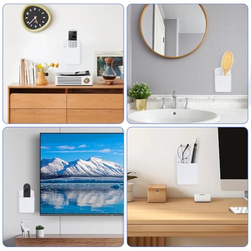 4 Pcs Remote Control Holder, Wall Mount TV Remote Holder Hole Free, Self-Adhesive Storage Box Pen Containers Organizer for Home Office School (White)