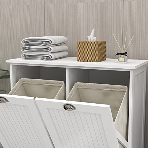 Two-Compartment Tilt-Out Laundry Sorter Cabinet White, with Removable Cloth Bags Fashionable Design Finish Durable Organizer Durable Material Three Painting processes, for Laundry Rooms