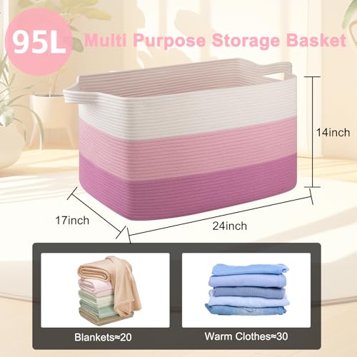 OIAHOMY Extra Large Blanket Basket, 95L Cotton Rope Woven Laundry Basket, Toy Bin for Baby Room, Container for Blanket Storage in Living Room, 24''×17''×14'', Gradient Pink - color: Gradient Pink, size: 95L