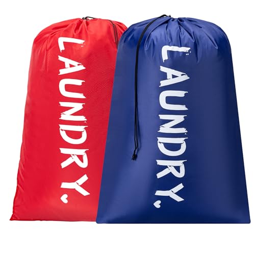 2 Pack XL Travel Laundry Bag, Machine Washable Dirty Clothes Organizer with Drawstring,Large Enough to Hold 4 Loads of Laundry, Easy Fit a Laundry Hamper or Basket Travel Essentials 24" x 36" - color: Deep Blue+Red, size: 24"x36" |2 Pack