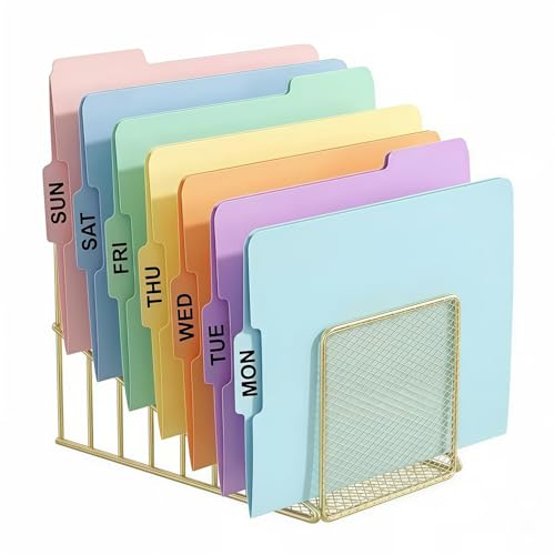 Simmer Stone Gold Desk Organizer 7 Slot Inclined Vertical File Folder Holder Sorter with Mesh Front Metal Wire Rack for Mail, Slim Binders, Books Office Organization Desktop Accessories - color: Gold