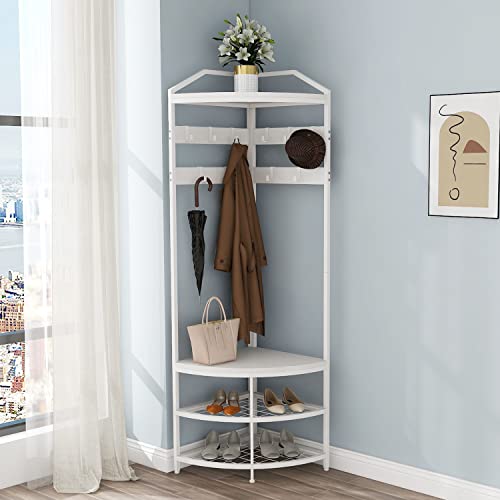 GiftGo Corner Hall Tree with Shoe Bench Entryway Coat Rack with 10 Metal Movable Hooks Freestanding Clothes Rack Shoes Shelf Organizer for Home Office Bedroom (White) - color: White