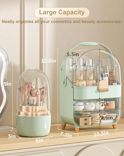 Makeup Organizer Countertop, Skincare Holder Bathroom Counter Organizer, Storage Box Cosmetic Display Cases, Teen Girl Gifts Make up Organizers (Green/Brush) - color: Green/Brush
