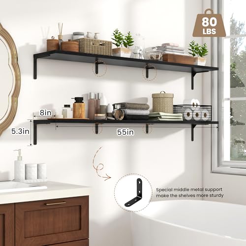 Fun Memories Deep Floating Shelves, 55W x 8D Floating Shelves Set of 2, Wall Mounted Shelf with Metal Brackets, Rustic Wood Wall Shelf for Bathroom, Kitchen and Living Room, Black - color: Black- L Bracket, size: 55"W x 8"D