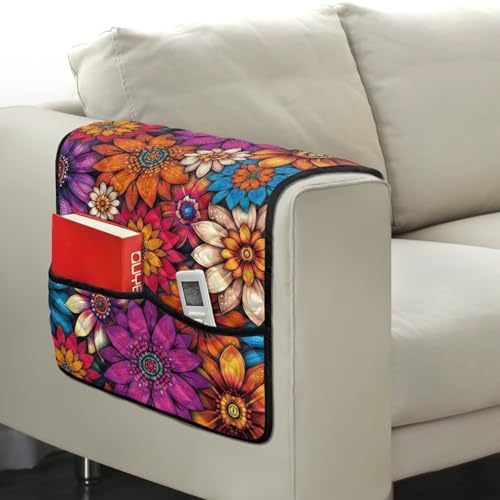 Boho Mandala Floral Print Couch Arm Covers with 2 Organizer Pockets Soft Couch Protector Anti-Slip Slipcovers for Pet Armchair, Loveseat, Recliner - color: Boho Mandala Floral