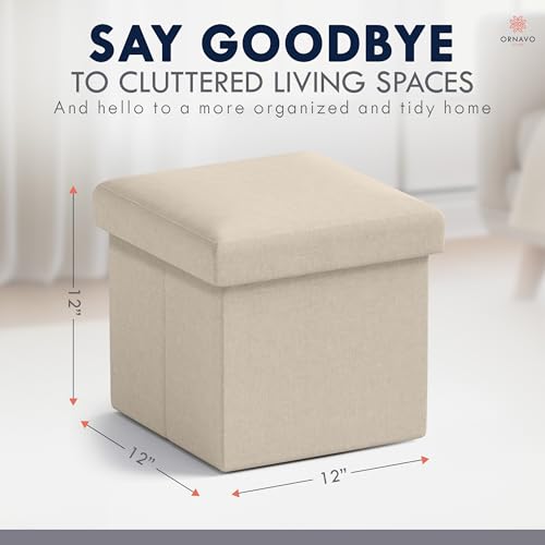 Ornavo Home Small Storage Ottoman Foldable Collapsible Cube Square Linen Ottoman Foot Rest Stool Seat, for Living Room, Bedroom, Home Office, Dorm - 12 x 12 x 12, Beige - color: Beige