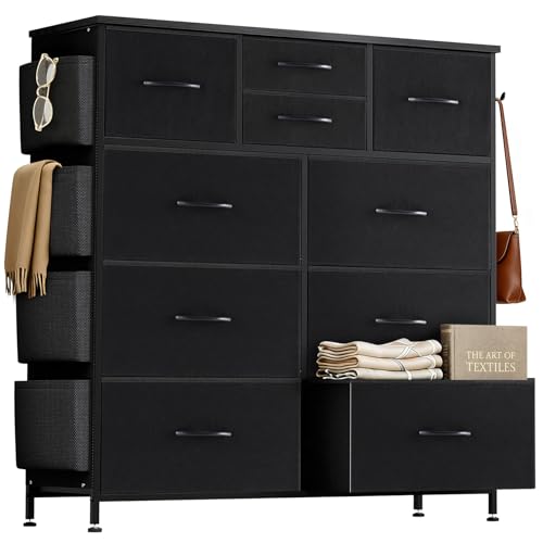 Dresser for Bedroom with Side Pockets and Hooks, 10 Drawers Storage Organizer Chest of Drawers, Sturdy Metal Frame for Living Room, Hallway, Closet, Black - color: Black