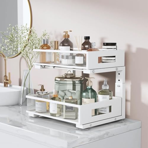 Under Sink Organizer, 2-Tier Dual Pull Out Cabinet Organizer Drawers With Smooth Circular Rail, Large Capacity Metal Mesh Sliding Shelves For Bathroom& Kitchen Storage,Height Adjustable–White,1 Pack - color: White, size: 1 Pack-15.9"Dx11.6"-16.7" H