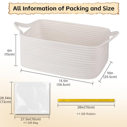OIAHOMY Woven Basket, Gift Basket Empty with Gift Bags and Ribbons, Rope Baskets for Baby Showers, Storage Baskets with Handles for Nursery, Pet Toy Organizer - White - color: White, size: Medium: 13.5L*10W*6H