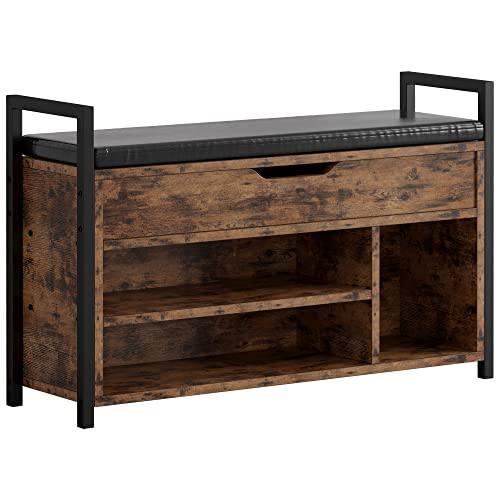 IRONCK Shoe Storage Bench, Entryway Bench with Lift Top Storage Box, Metal and Board Bench for Entryway, Two Tier Shoe Rack Organizer for Entryway, Hallway, Industrial, Vintage Brown - size: 39.4" W