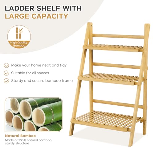 Foldable Ladder Shelf 39.4", Plant Shelf 3 Tier, Bamboo Ladder Flower Pot Display Shelf, Freestanding Ladder Bookshelf for Living Room, Balcony, Yard, Garden, 23.6"W x 15"D x 39.4"H, Natural - color: 3-tier Natural
