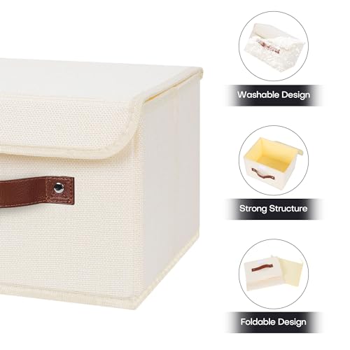 ANMINY Storage Bin with Lid Storage Boxes with PU Leather Handles PP Plastic Board Decorative Foldable Lidded Cotton Linen Fabric Home Cubes Baskets Closet Organizer Container - Beige, Small Size - color: Beige, size: Small (Pack of 1)