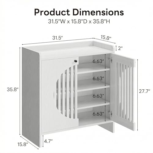 LIKIMIO Shoe Cabinet with Adjustable Shelves, 4-Tier Shoe Storage Cabinet with Slatted Doors, Freestanding Wooden Shoe Cabinet Storage for Entryway, Hallway, Living Room, White - color: White