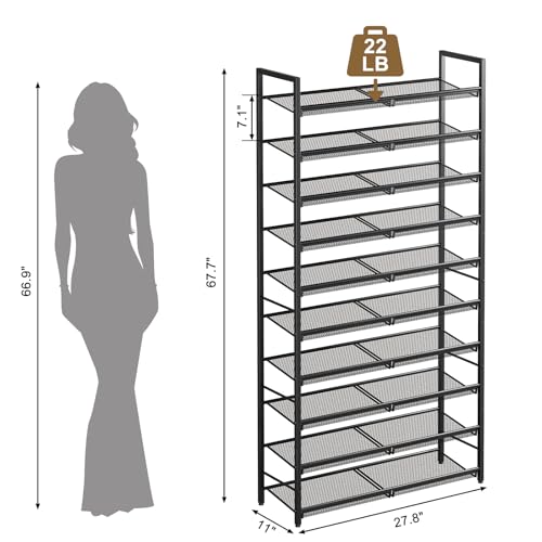 10 Tier Metal Shoe Rack, Tall Shoe Organizer Holds 40-50 Pairs, with Adjustable Flat or Angled Shelves, Shoe Storage Shelf for Closet, Entryway, Garage, Black - size: 10-Tier